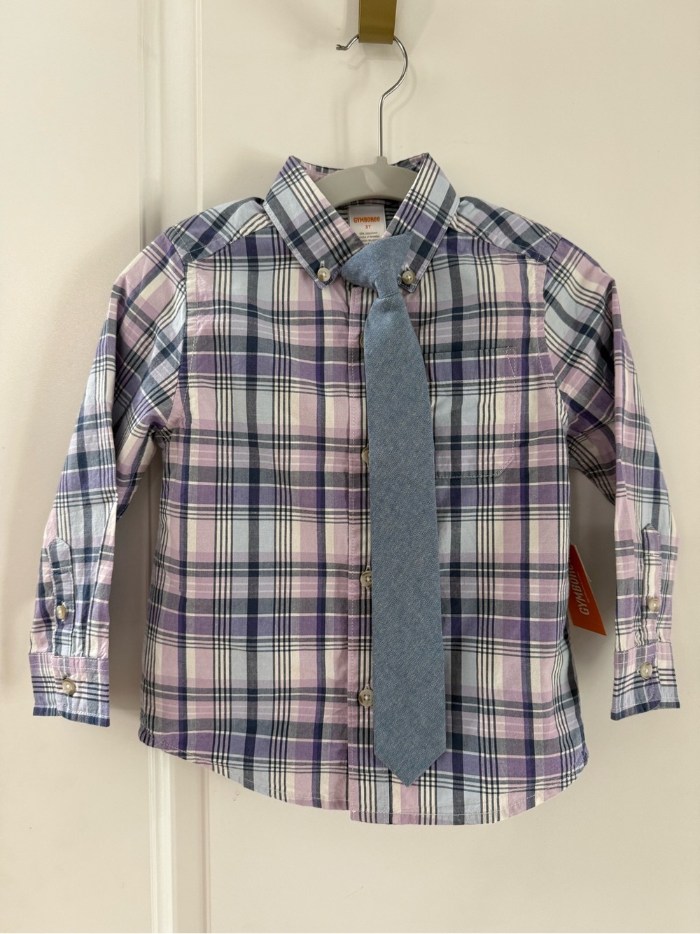 Gymboree Purple Navy White Plaid Button-Up with Light Blue Tie